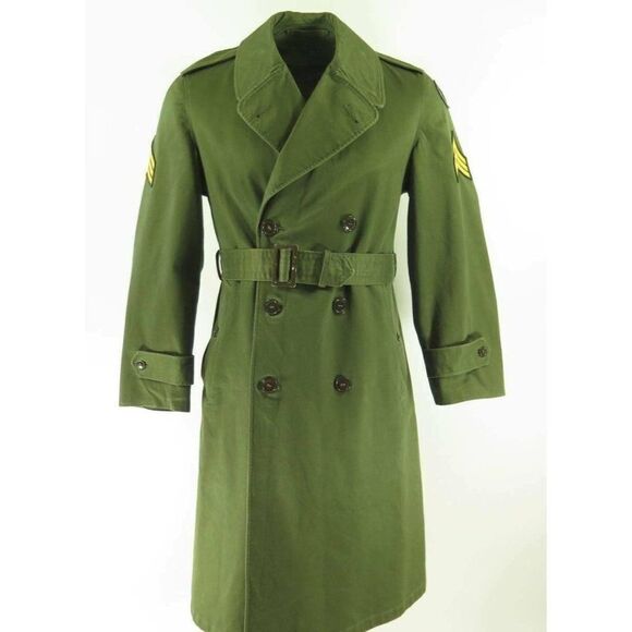 Vintage 50s US Army Sateen Overcoat S Green Military Chevron 1st Corp Patches - Picture 1 of 8